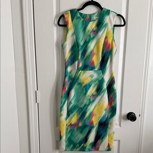 Calvin Klein Abstract Green and Yellow Midi Dress